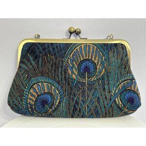 Hera Liberty Peacock Clutch Purse by Ellen Vintage Blue Teal Kiss Lock w/ Chain